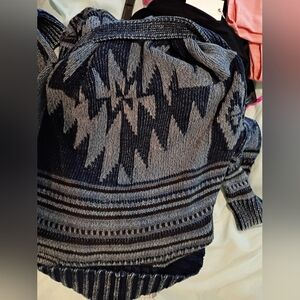 Lucky Brand Oversized Gorgeous Blue Aztec Pattern Cardigan 22 P2P EUC MSRP $198